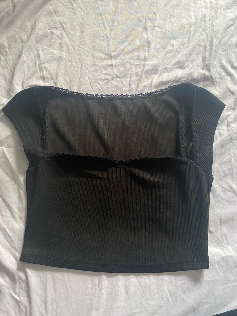 Shein Black Ribbed Sheer Yoke Cap-Sleeve Crop Top